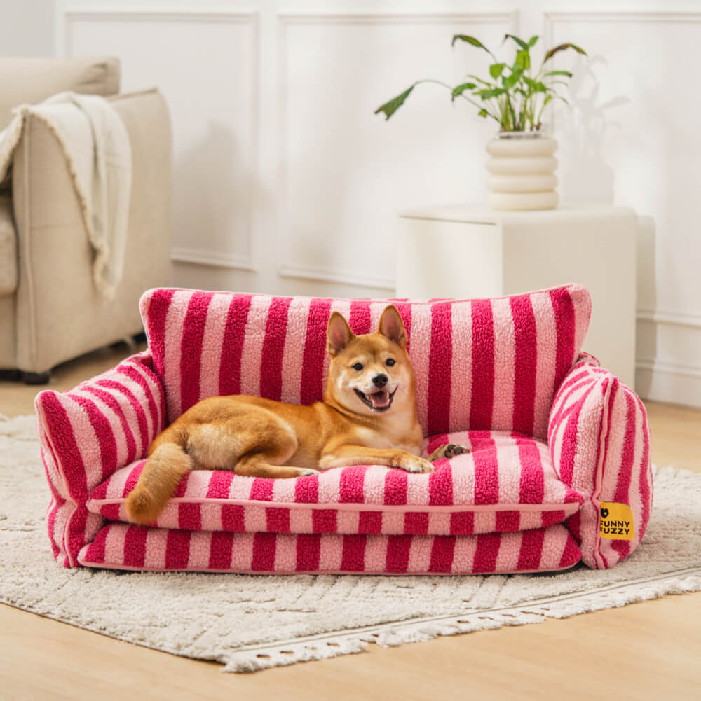 Sofá cama para perros y gatos de doble capa de lana de cordero sintética a rayas de moda