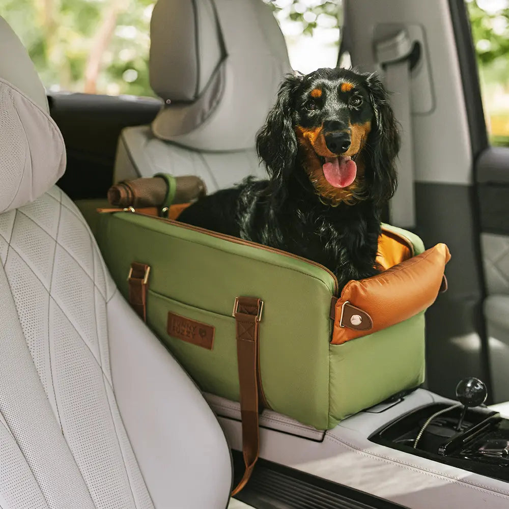 Asiento para mascotas y transportadora de cuero sintético de lujo para el consola de seguridad del automóvil - Urban Voyager