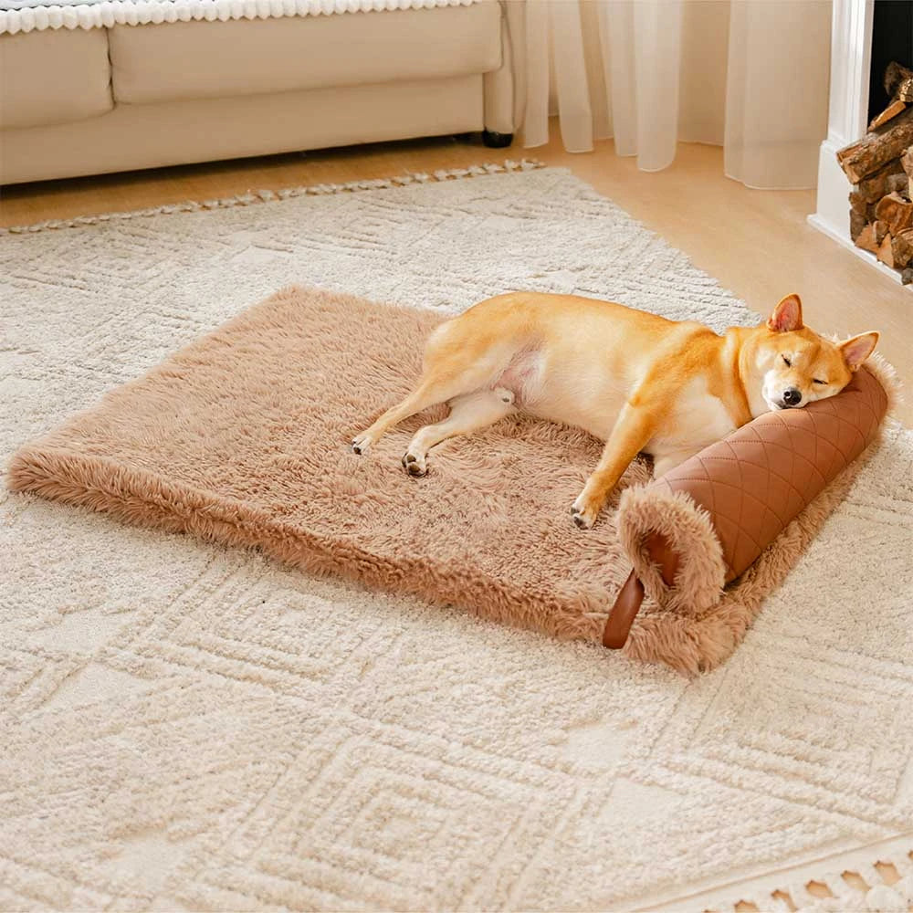 Cuero sinté de doble cara ＆ Matina de perro esponjada de lujos de lujo cálido con almohada