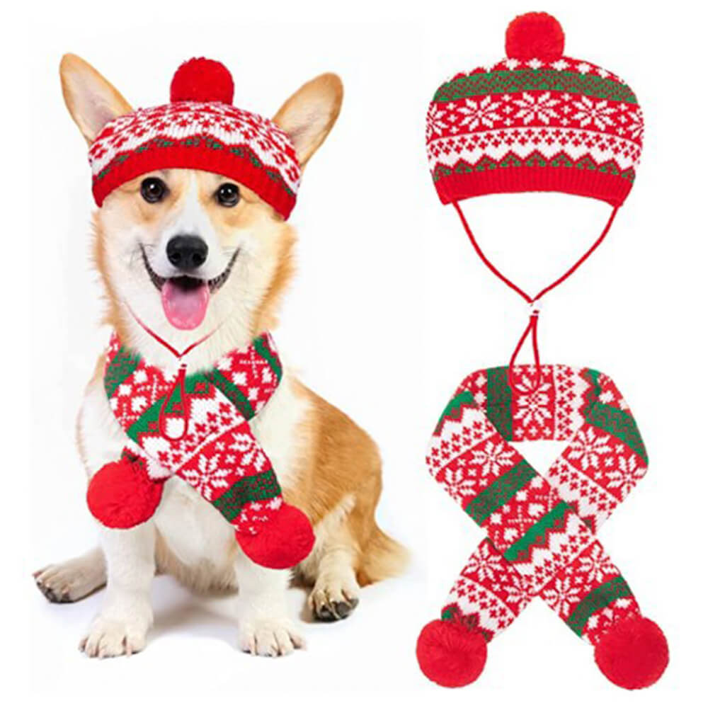 Conjunto de gorro y bufanda para perro cálido con copos de nieve navideños de punto