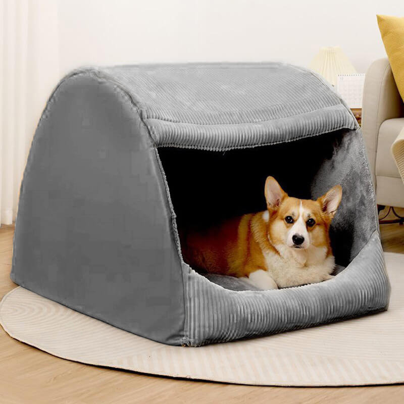 Cama para Perros Grande Semicerrada y Desmontable de Franela Cálida