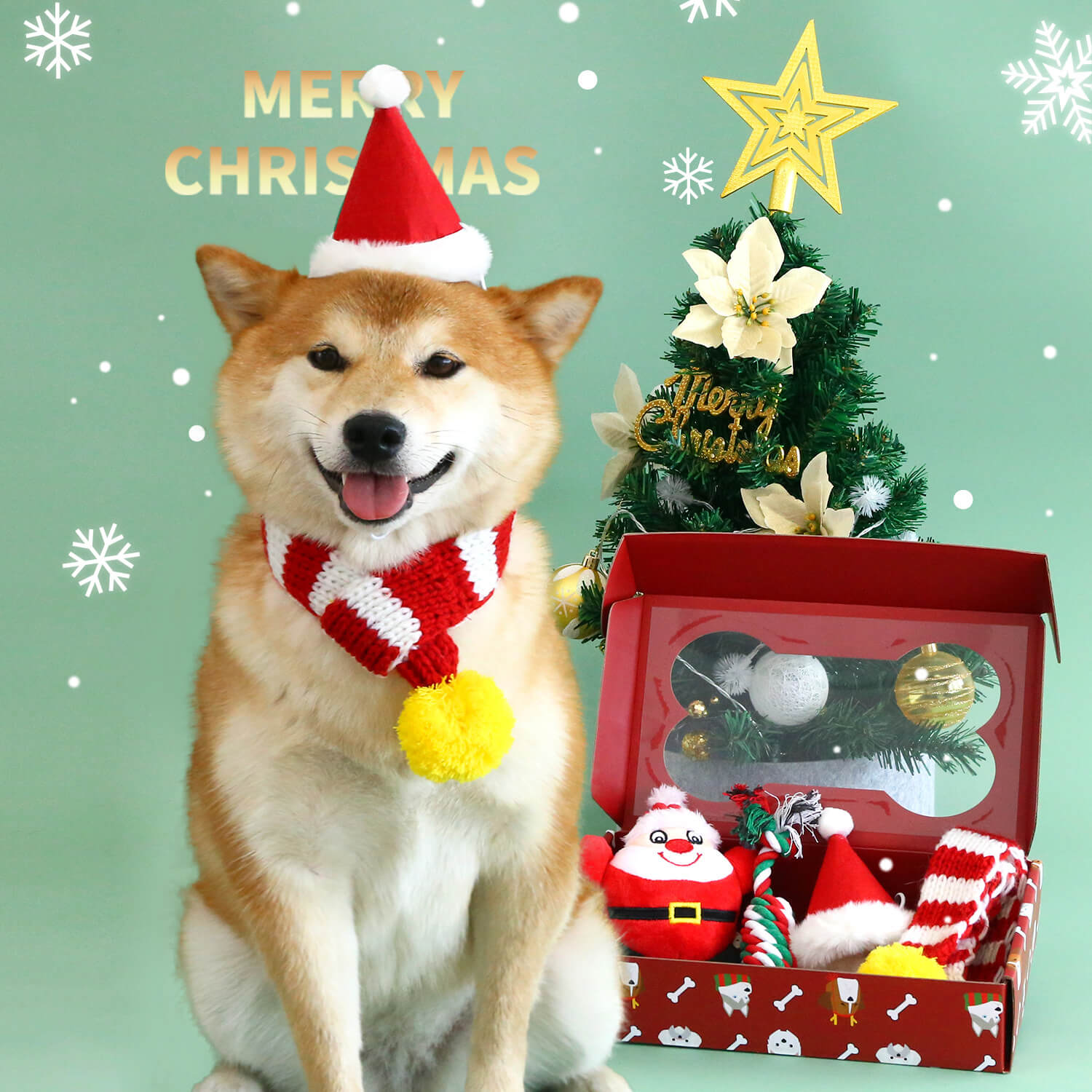 Divertido juego navideño para perros con gorro, bufanda y juguete