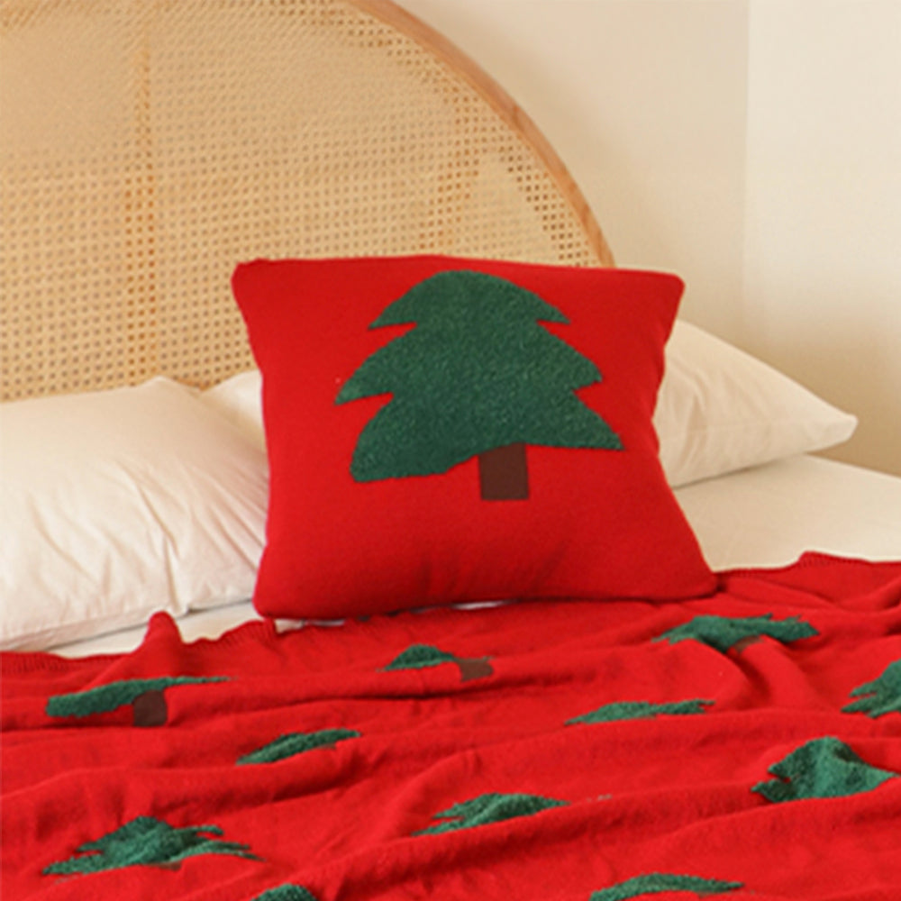 Manta de punto con diseño de árbol de Navidad festivo y almohada