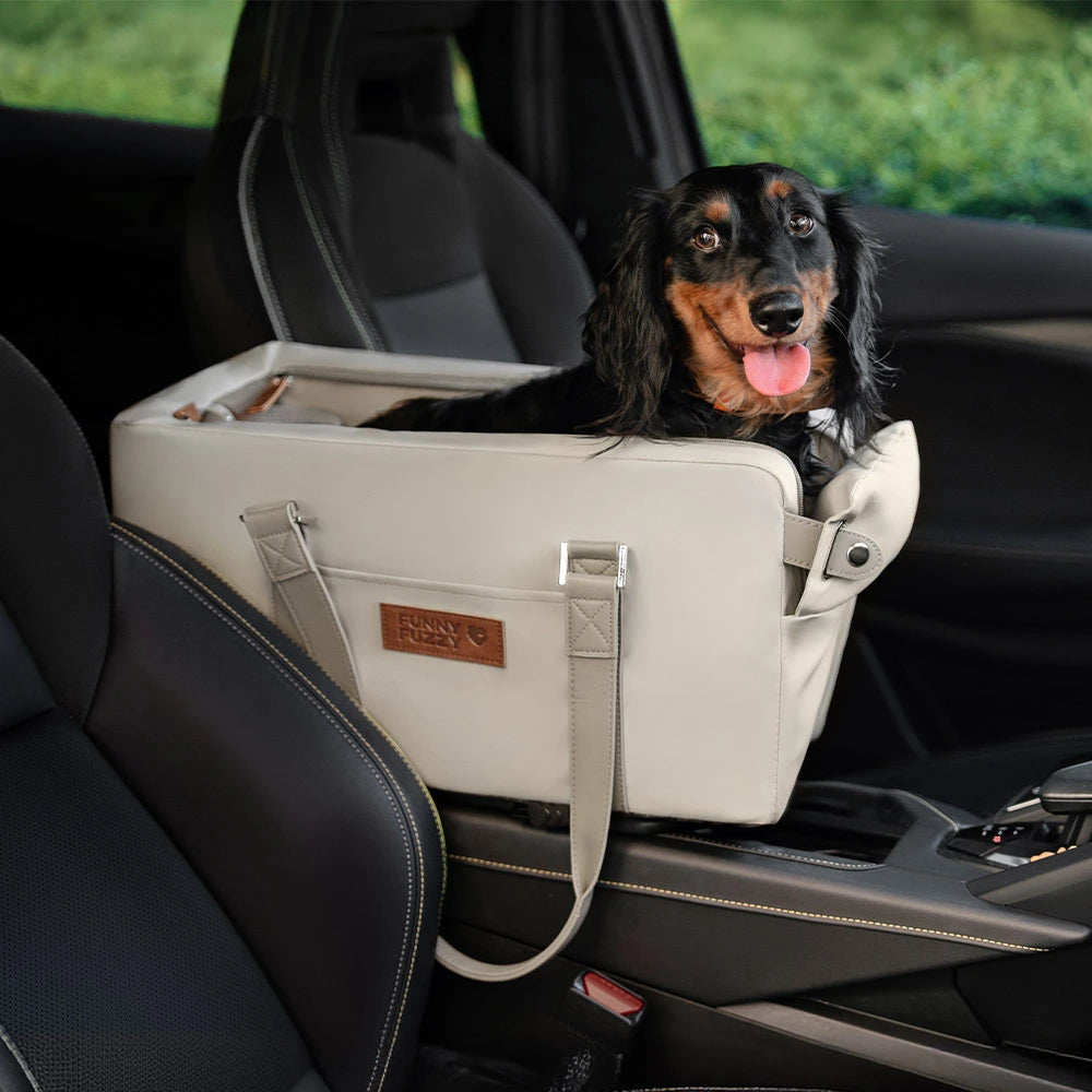 Asiento para mascotas y transportadora de cuero sintético de lujo para el consola de seguridad del automóvil - Urban Voyager