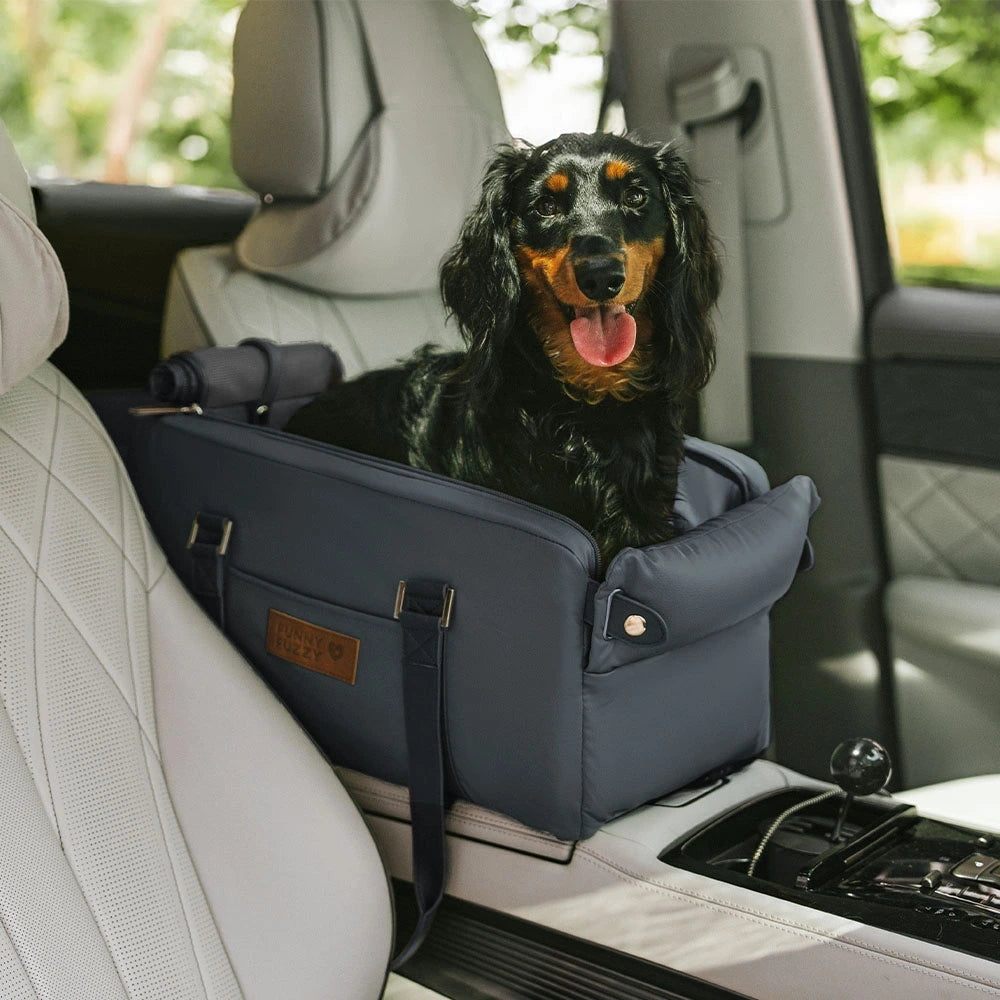 Asiento para mascotas y transportadora de cuero sintético de lujo para el consola de seguridad del automóvil - Urban Voyager