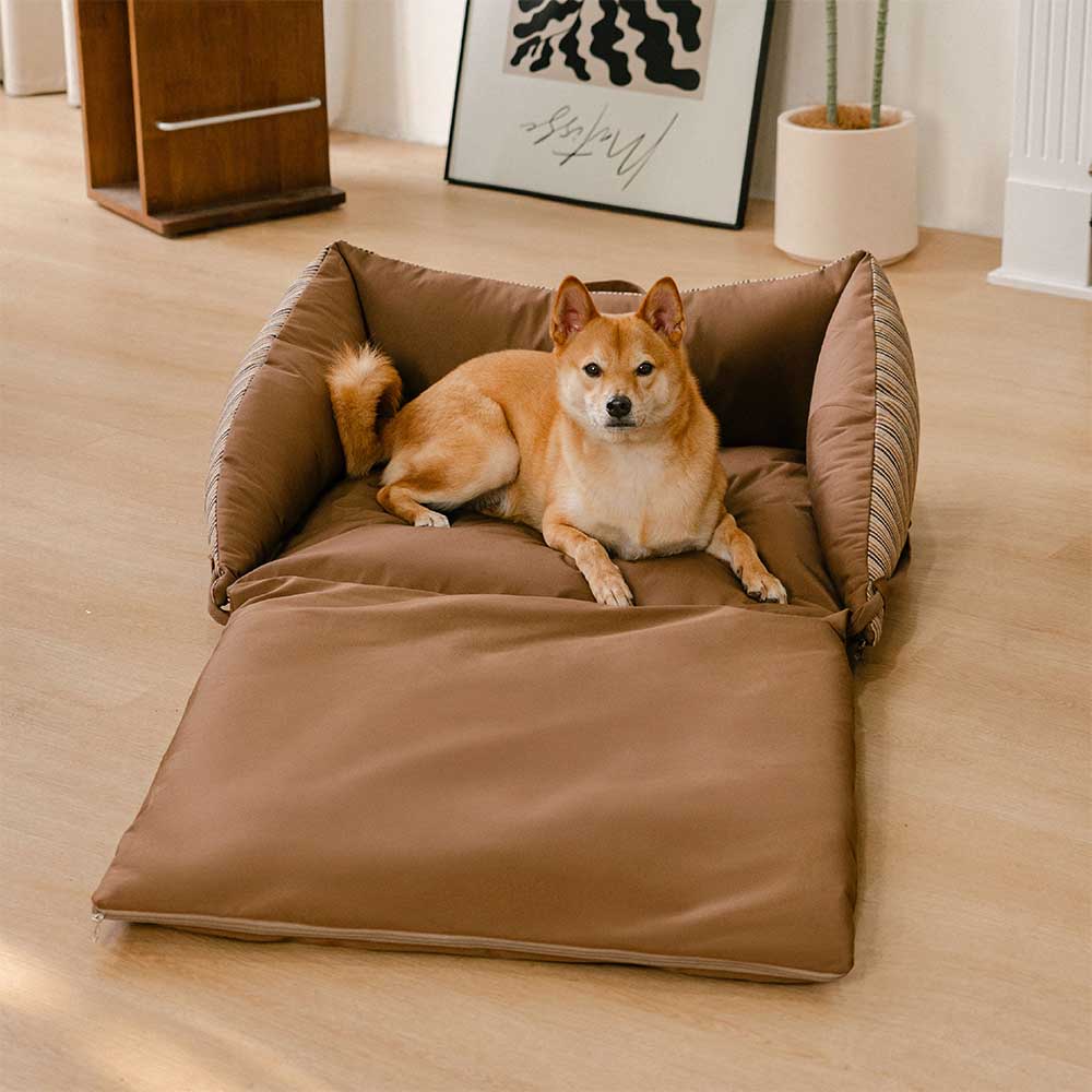 Cama para perro de sofá plegable y lavable de rayas naturales - Sofá para cachorro Mocca