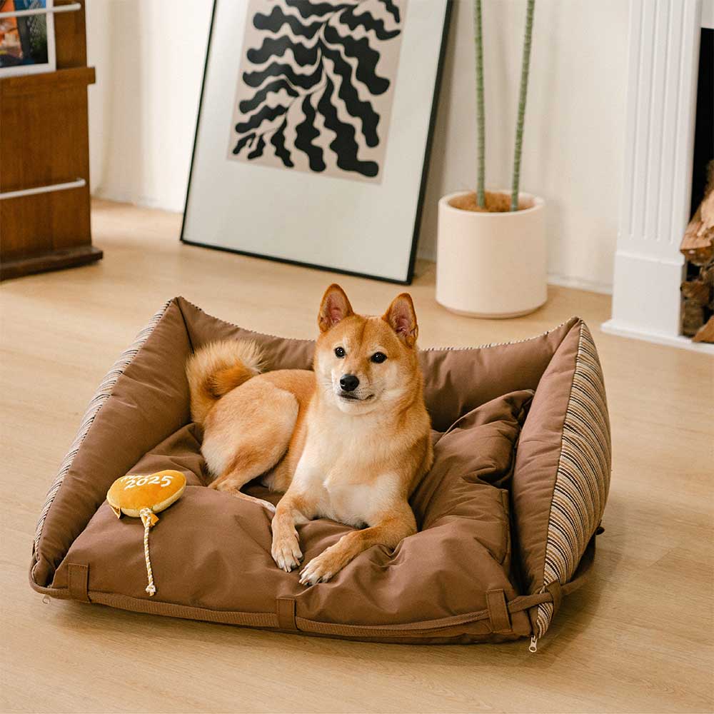 Cama para perro de sofá plegable y lavable de rayas naturales - Sofá para cachorro Mocca