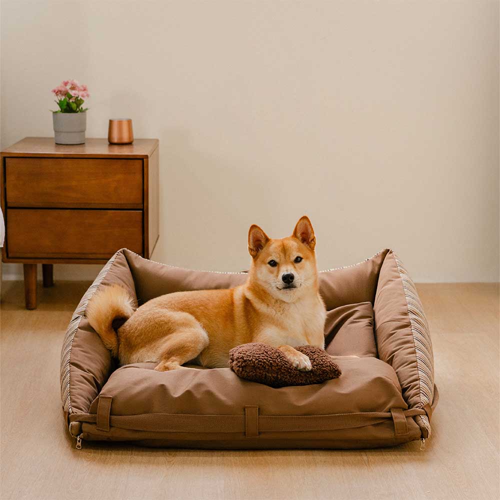 Cama para perro de sofá plegable y lavable de rayas naturales - Sofá para cachorro Mocca