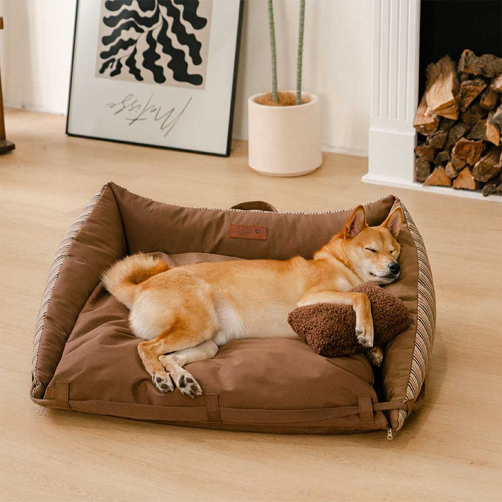 Cama para perro de sofá plegable y lavable de rayas naturales - Sofá para cachorro Mocca