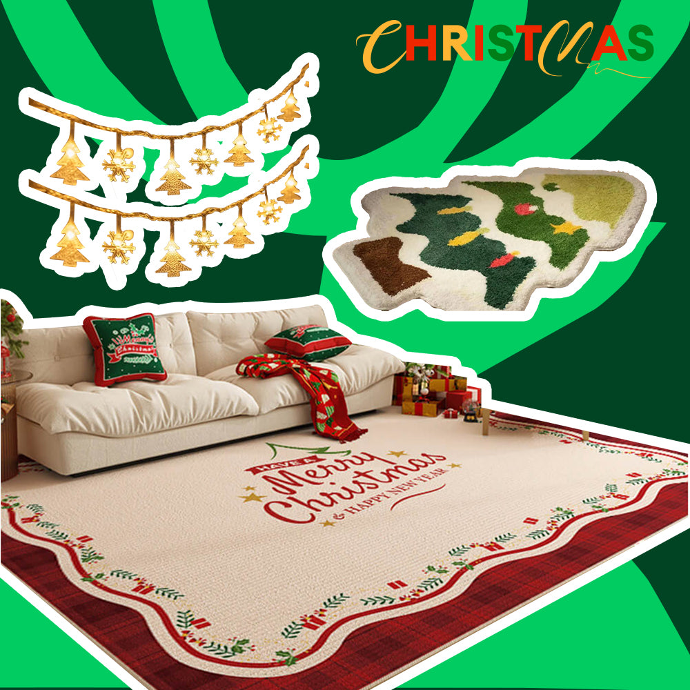 Paquete de Alfombra decorativa antideslizante multiusos para el hogar de gran superficie con diseño de Feliz Navidad-3 pzas