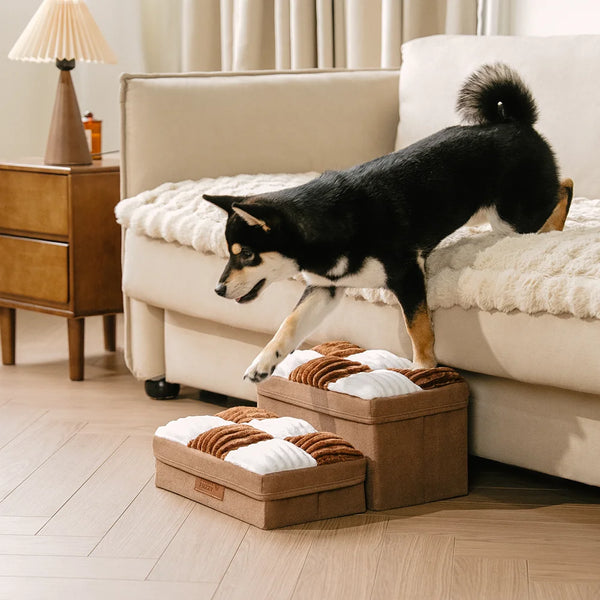 Detachable Chessboard Plaid Handcrafted Dog Stairs with Storage - Foldable Steps