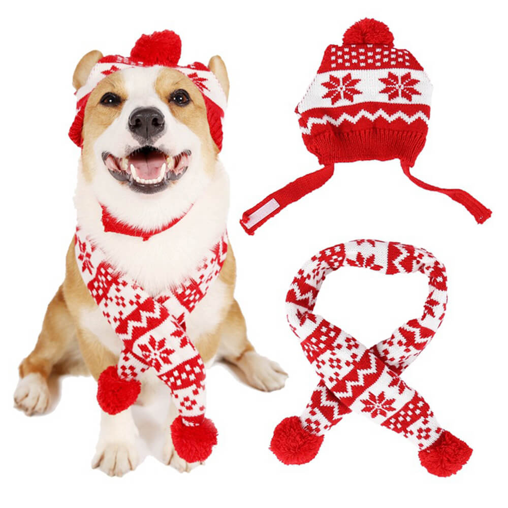 Conjunto de gorro y bufanda para perro cálido con copos de nieve navideños de punto