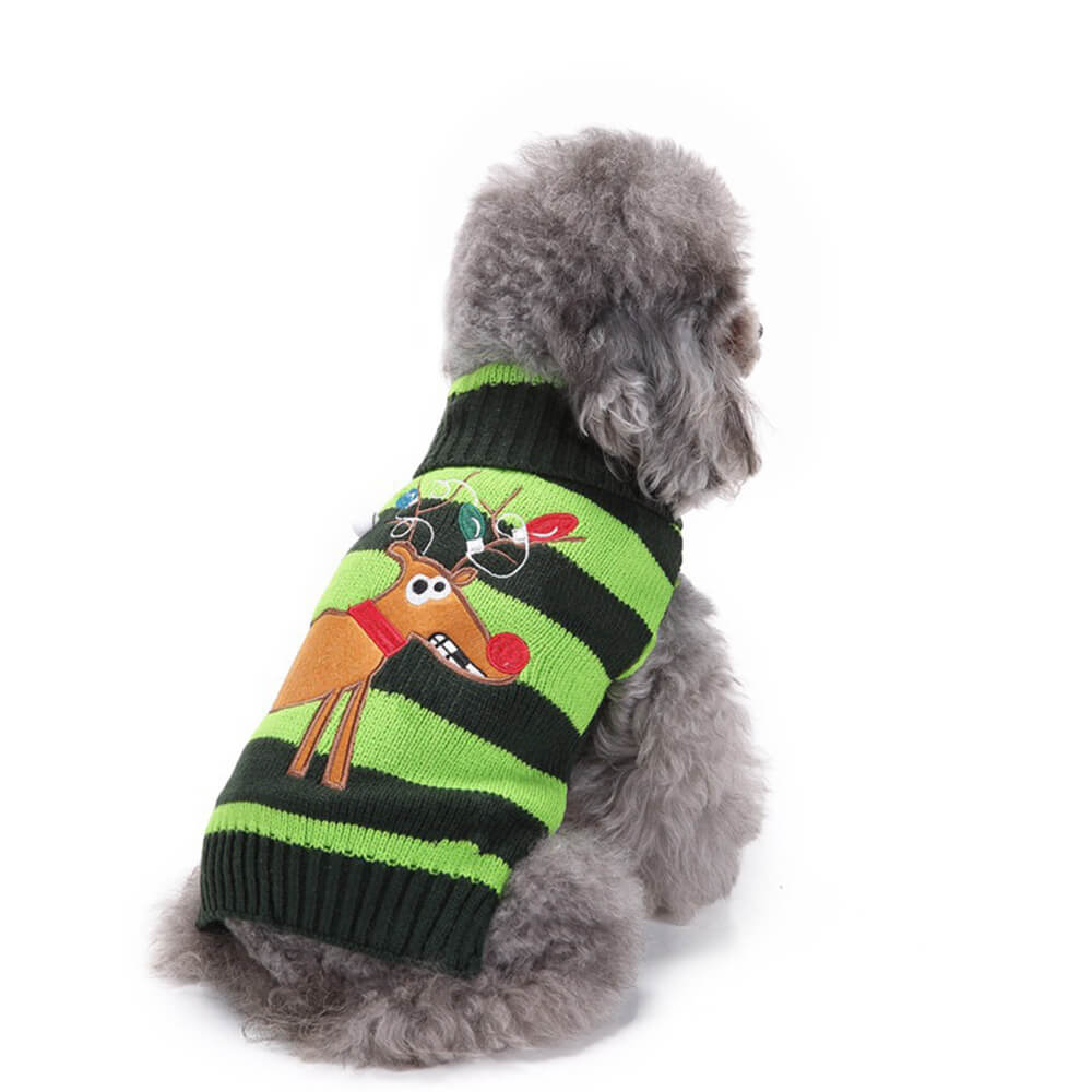 Suéter de punto cálido de cuello alto con diseño de reno navideño para perro