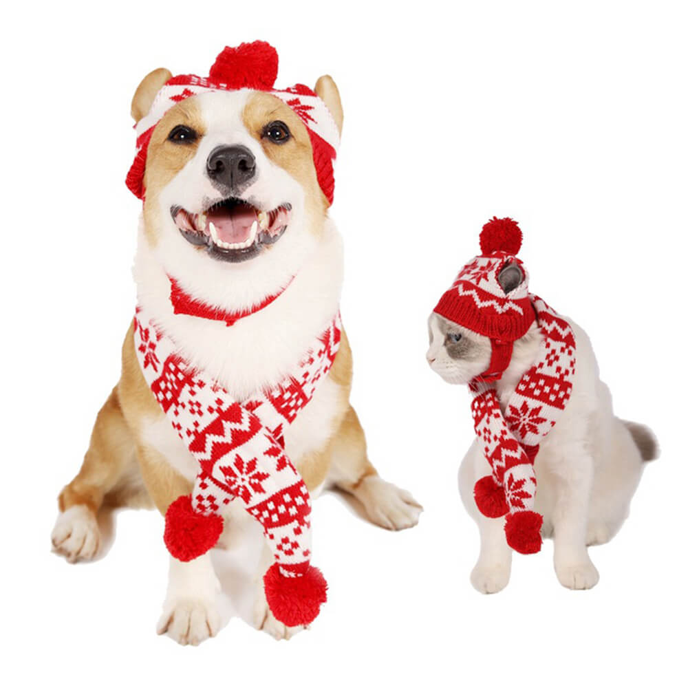 Conjunto de gorro y bufanda para perro cálido con copos de nieve navideños de punto