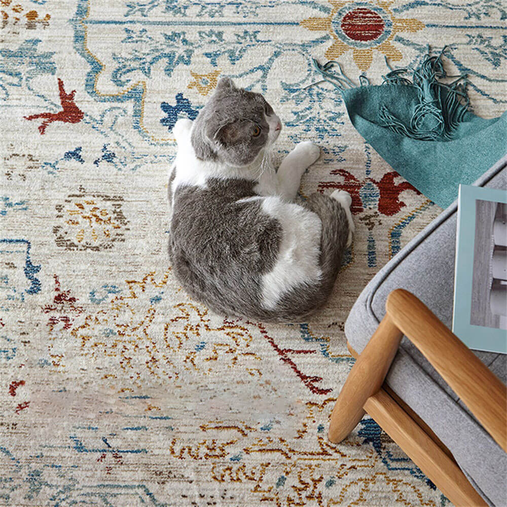 Alfombra vintage apta para mascotas en tonos azul y crema: elegancia atemporal para su hogar