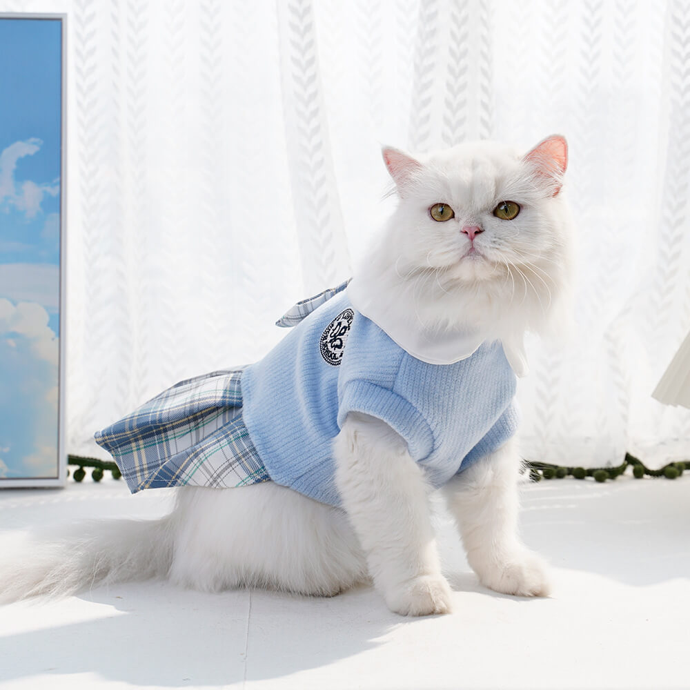 Vestido de colegiala a cuadros con cuello y corbata para perro