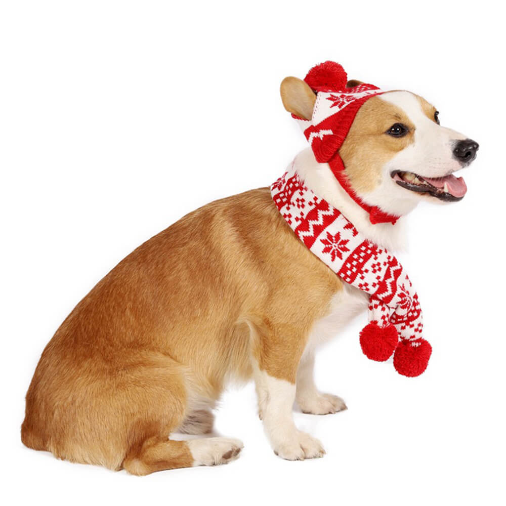 Conjunto de gorro y bufanda para perro cálido con copos de nieve navideños de punto