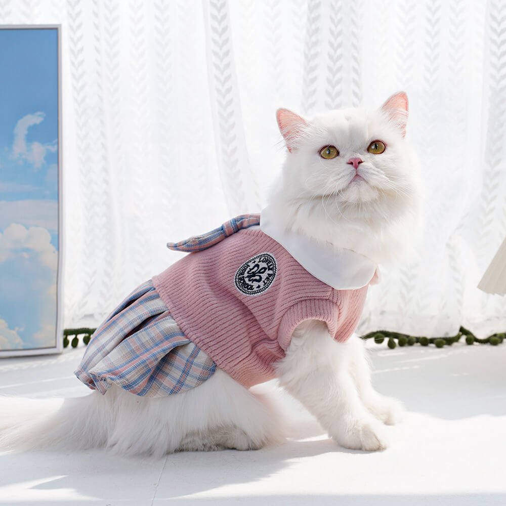 Vestido de colegiala a cuadros con cuello y corbata para perro