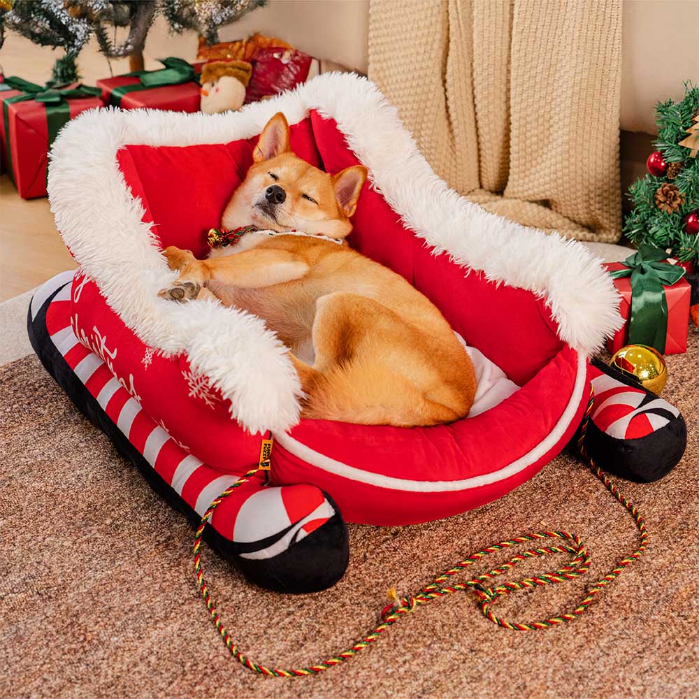 Paquete de Cama festiva y acogedora para perros: trineo navideño-3pzas