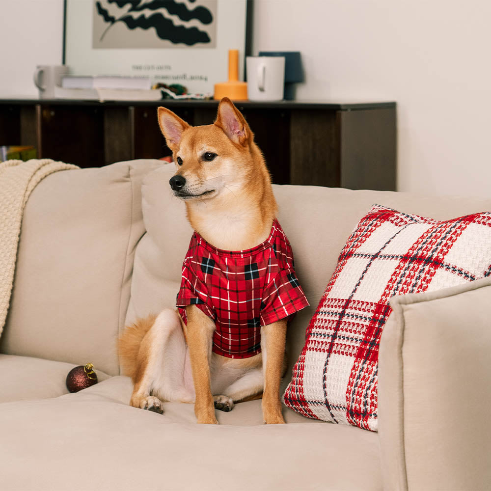 Pijama de cuerpo entero a cuadros rojos, agradable para la piel, a juego para perro y dueño