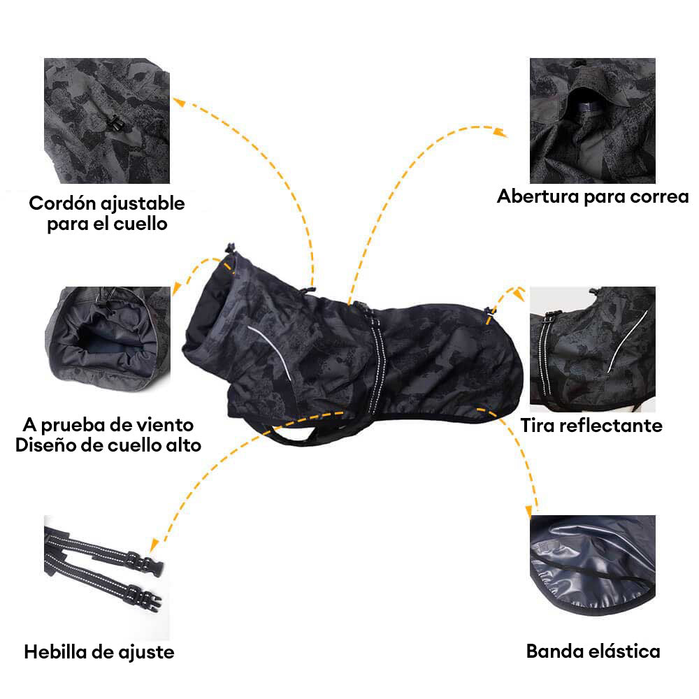 Chubasquero para perros impermeable, resistente al viento y con cuello alto ajustable y camuflaje