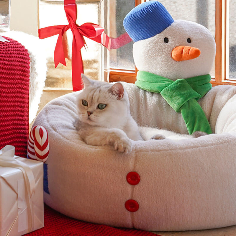 Cama acogedora para gatos con forma de muñeco de nieve navideño