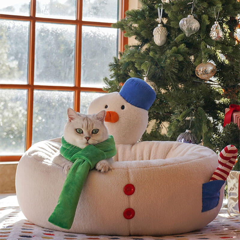 Cama acogedora para gatos con forma de muñeco de nieve navideño