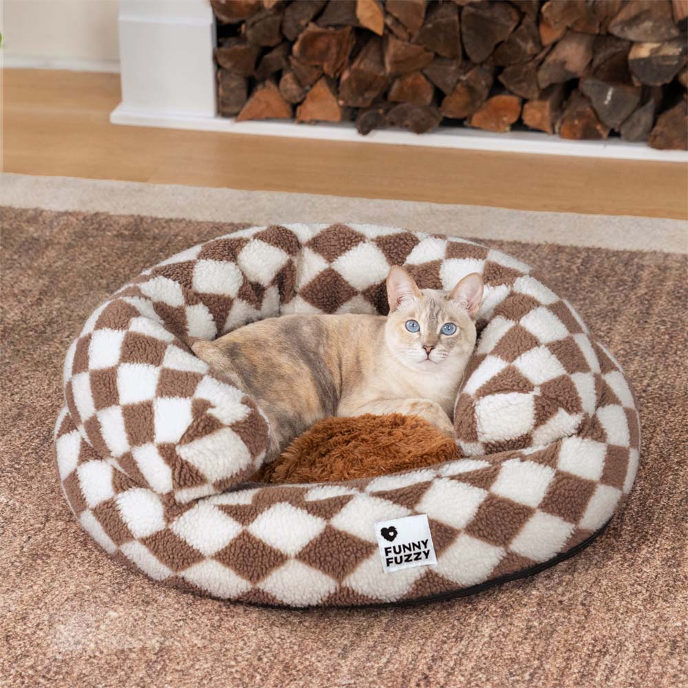 Cama para gatos en forma de donut con bolsters lavables de argyle clásico - Refugio acogedor