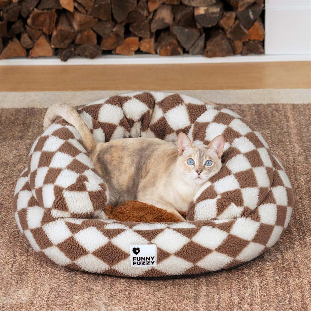 Cama para gatos en forma de donut con bolsters lavables de argyle clásico - Refugio acogedor