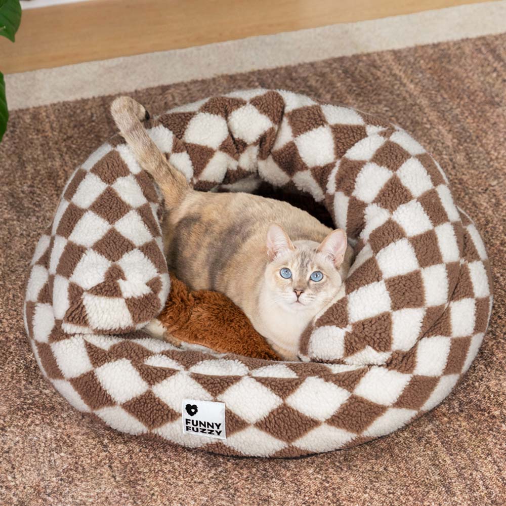 Cama para gatos en forma de donut con bolsters lavables de argyle clásico - Refugio acogedor