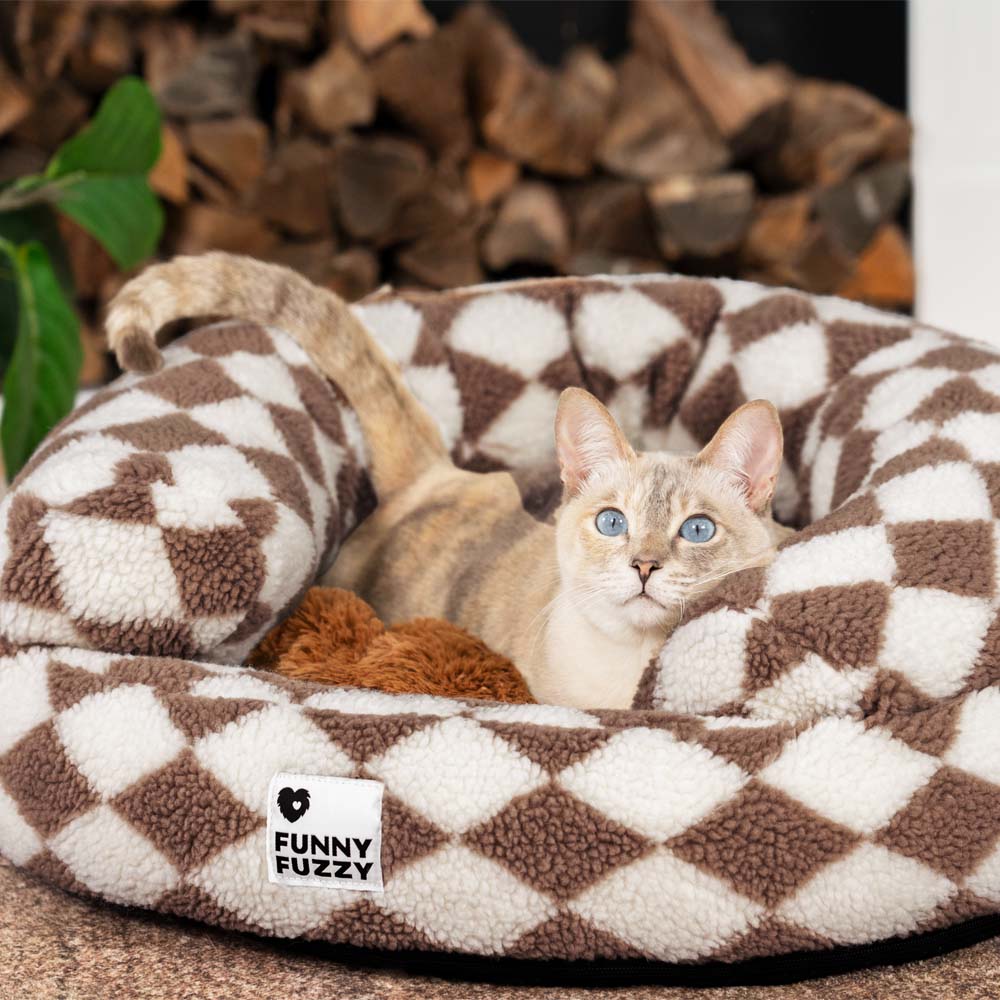 Cama para gatos en forma de donut con bolsters lavables de argyle clásico - Refugio acogedor