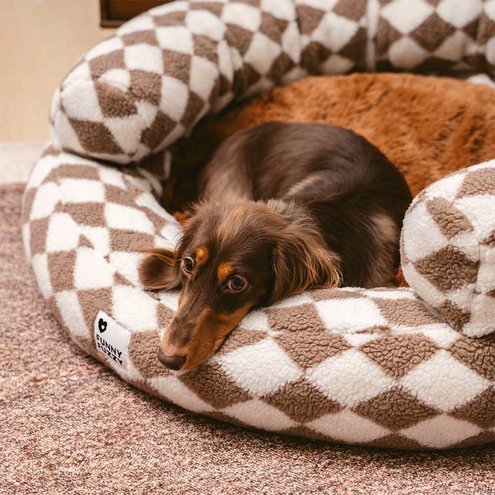 Cama para perros clásica lavable con diseño de donut y diseño de rombos - Cozy Haven