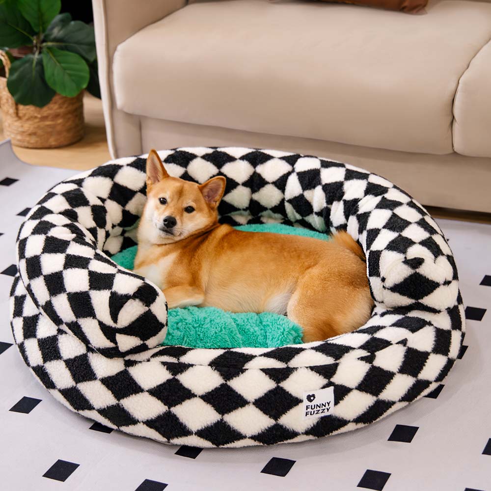 Cama para perros clásica lavable con diseño de donut y diseño de rombos - Cozy Haven