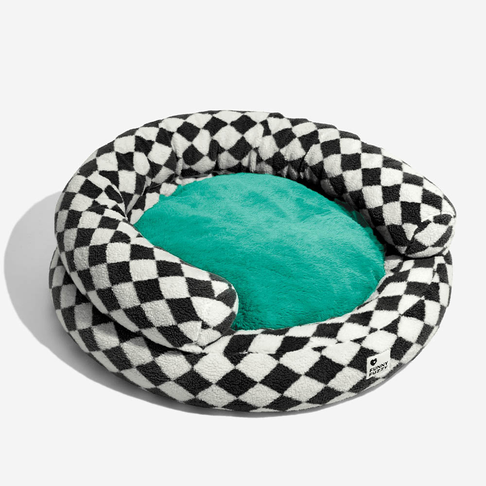 Cama para gatos en forma de donut con bolsters lavables de argyle clásico - Refugio acogedor