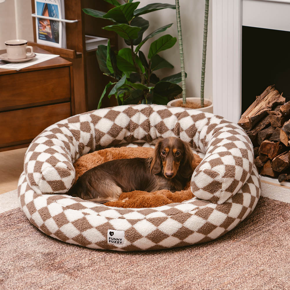 Cama para perros clásica lavable con diseño de donut y diseño de rombos - Cozy Haven