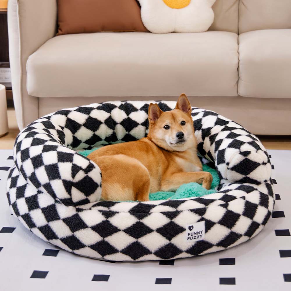 Cama para perros clásica lavable con diseño de donut y diseño de rombos - Cozy Haven