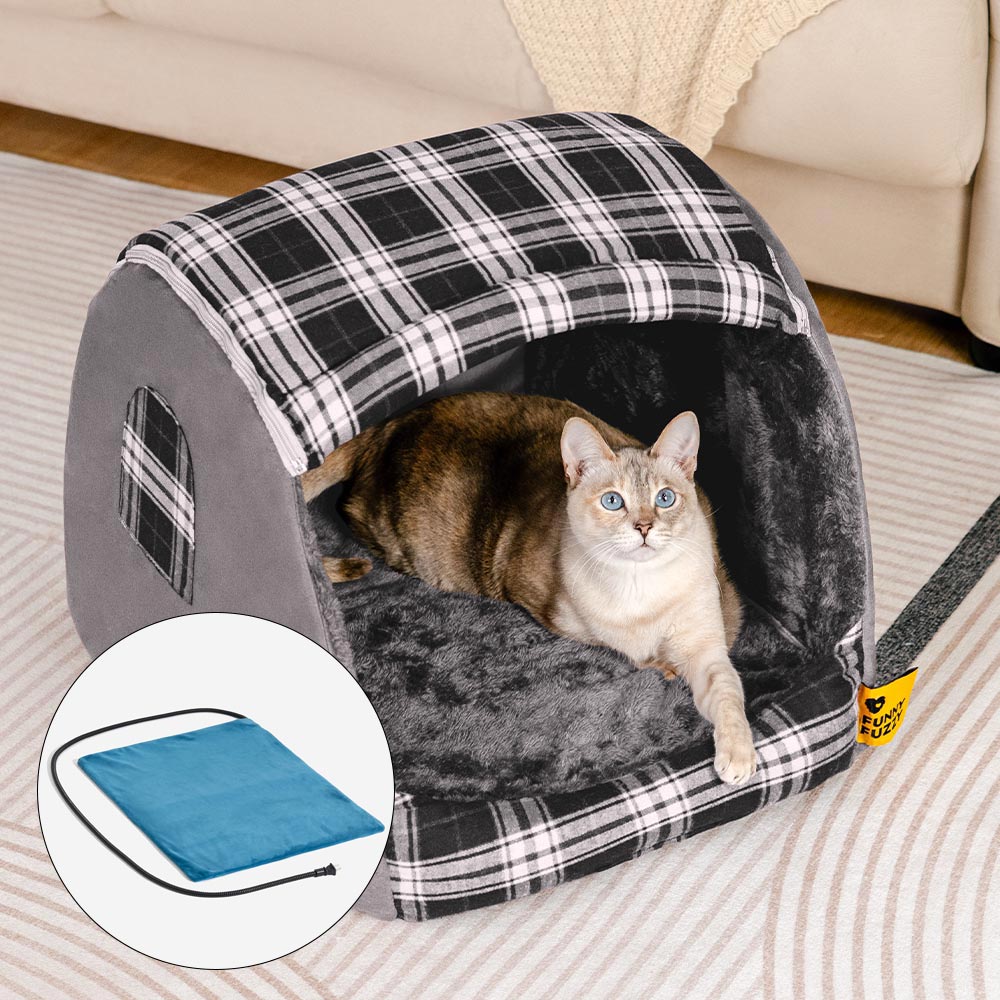 Cama de gato ortopédica de casa a cuadros clásica - cabaña de retiro