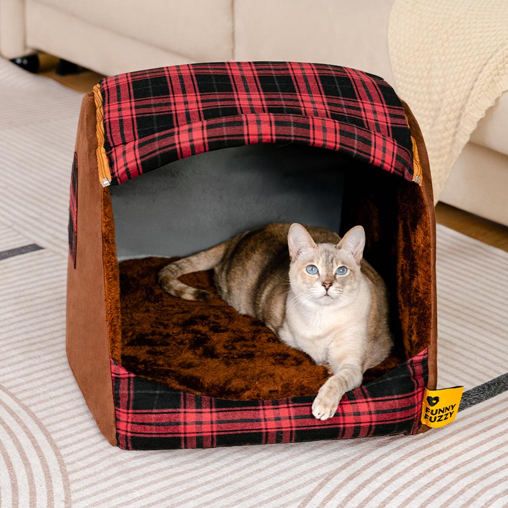 Cama de gato ortopédica de casa a cuadros clásica - cabaña de retiro