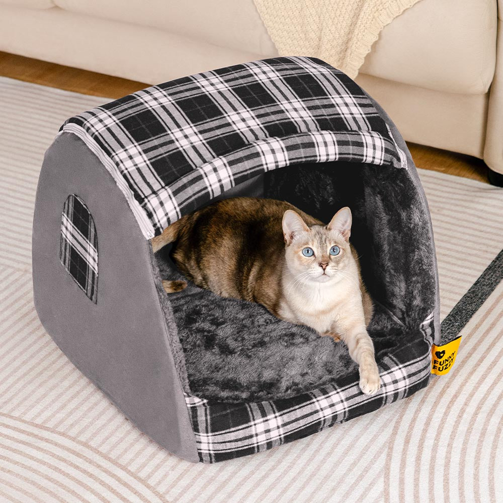 Cama de gato ortopédica de casa a cuadros clásica - cabaña de retiro