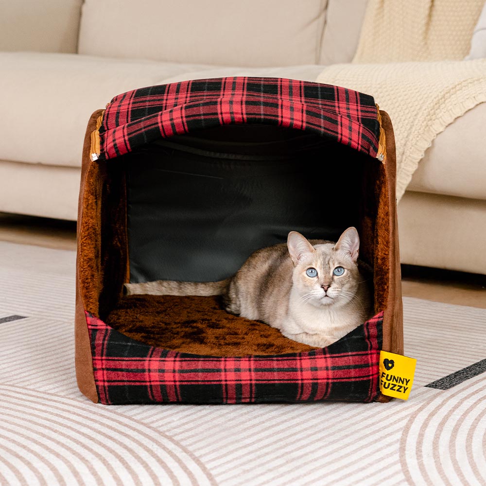 Cama de gato ortopédica de casa a cuadros clásica - cabaña de retiro