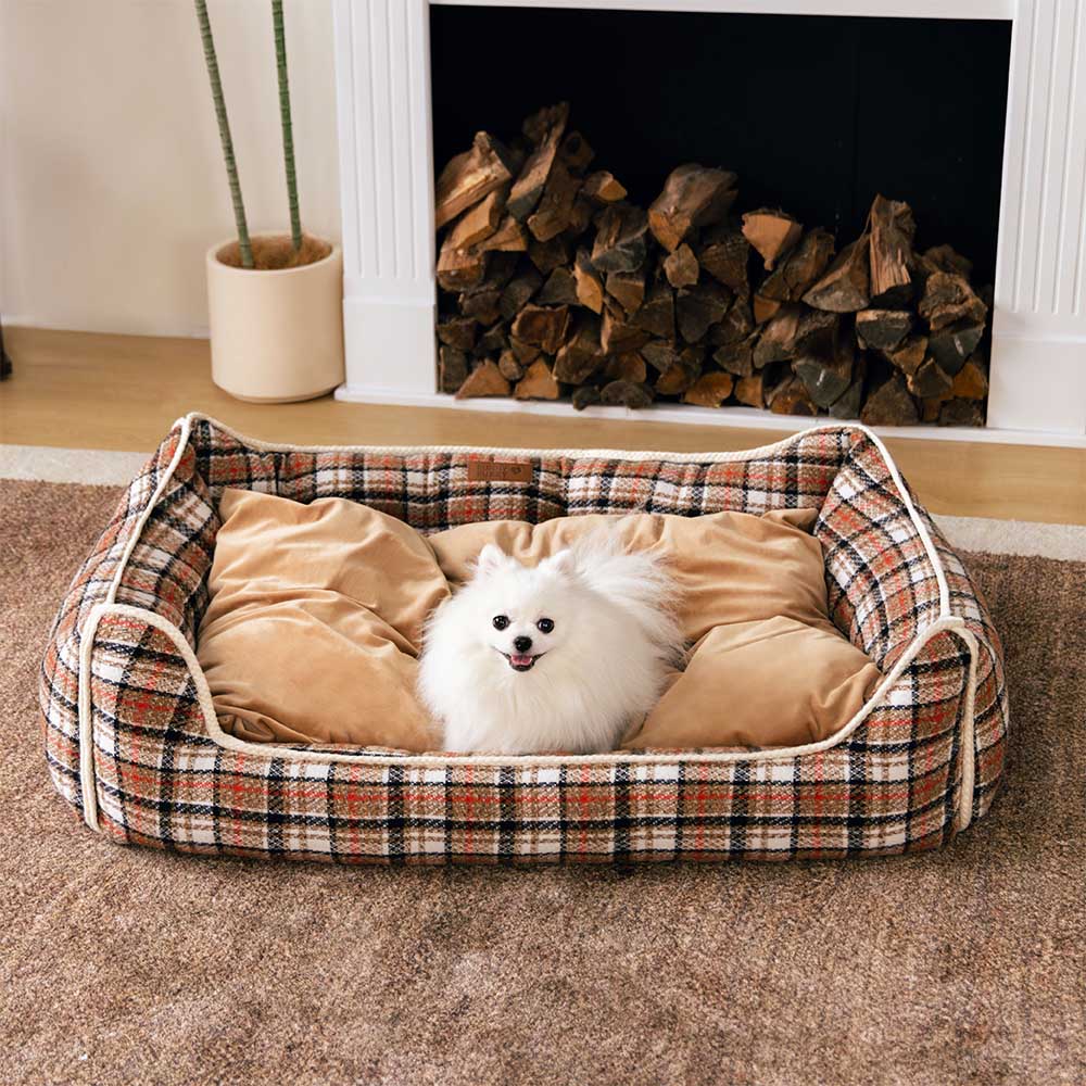 Cama para perros con cojines extraíbles, clásica y retro a cuadros, relajante - Nostalgic Retreat