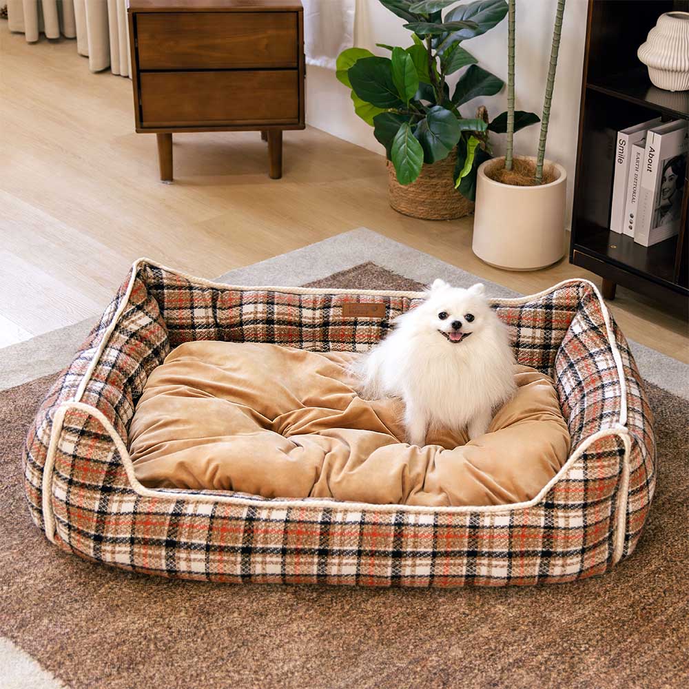 Cama para perros con cojines extraíbles, clásica y retro a cuadros, relajante - Nostalgic Retreat