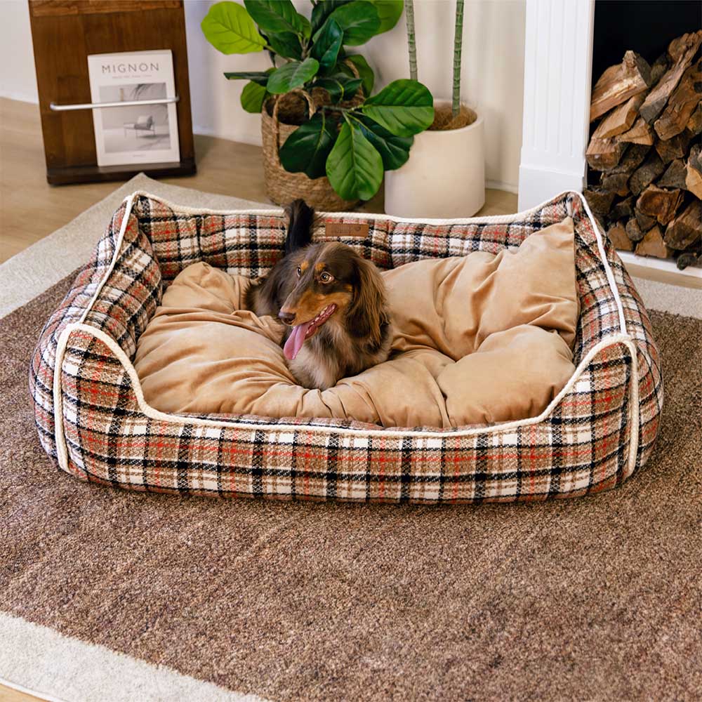 Cama para perros con cojines extraíbles, clásica y retro a cuadros, relajante - Nostalgic Retreat