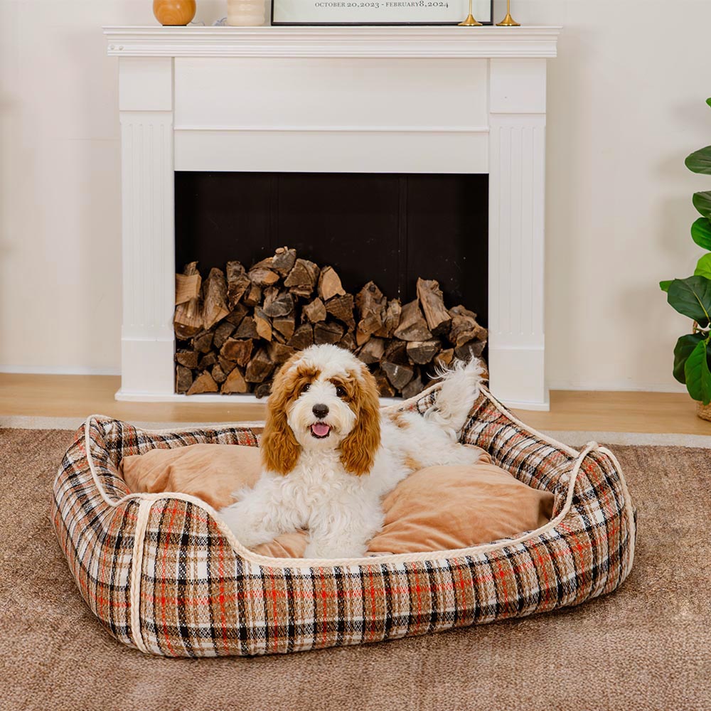 Cama para perros con cojines extraíbles, clásica y retro a cuadros, relajante - Nostalgic Retreat