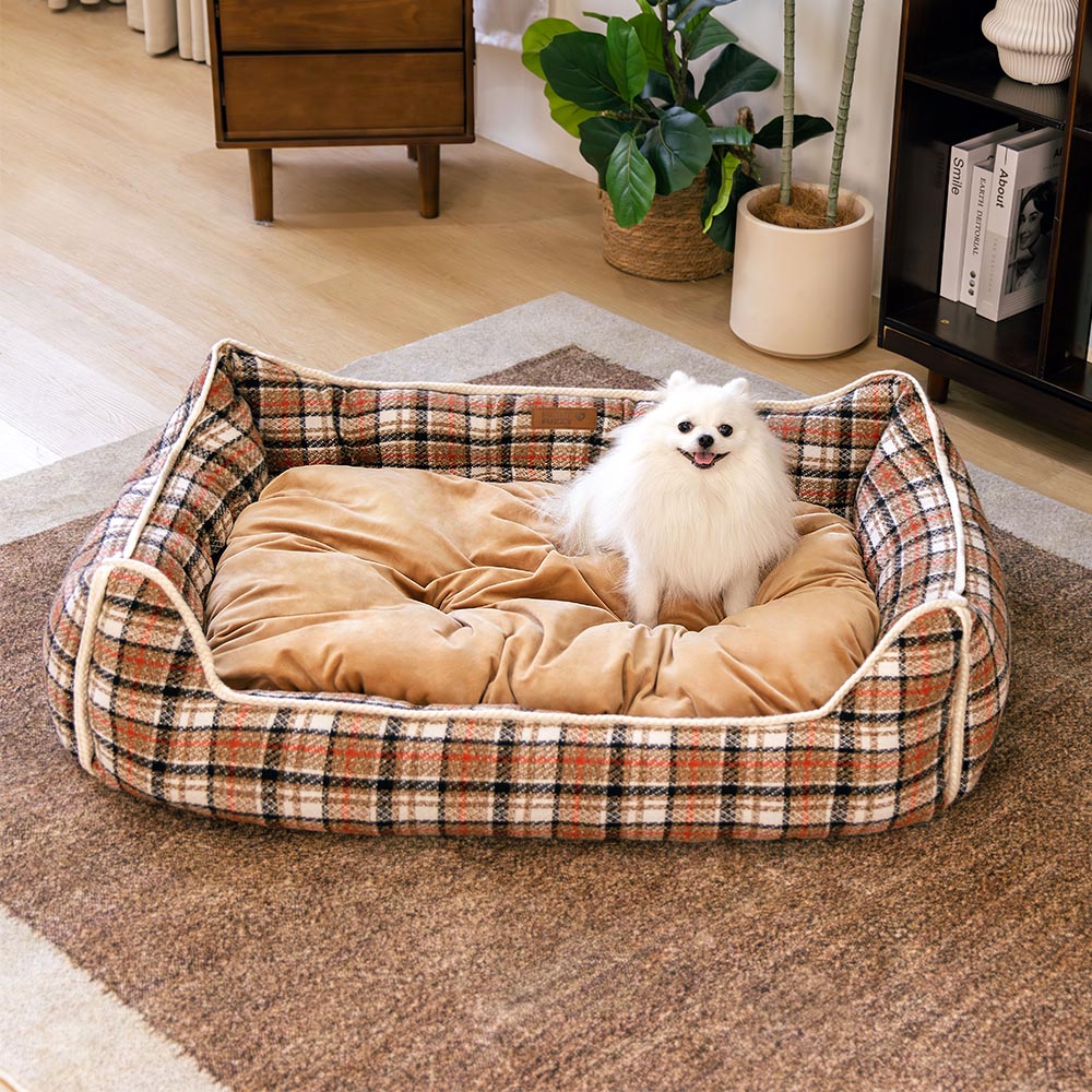 Cama para perros con cojines extraíbles, clásica y retro a cuadros, relajante - Nostalgic Retreat