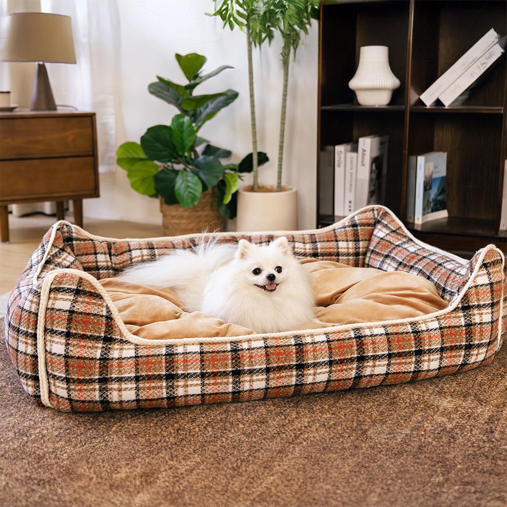 Cama para perros con cojines extraíbles, clásica y retro a cuadros, relajante - Nostalgic Retreat