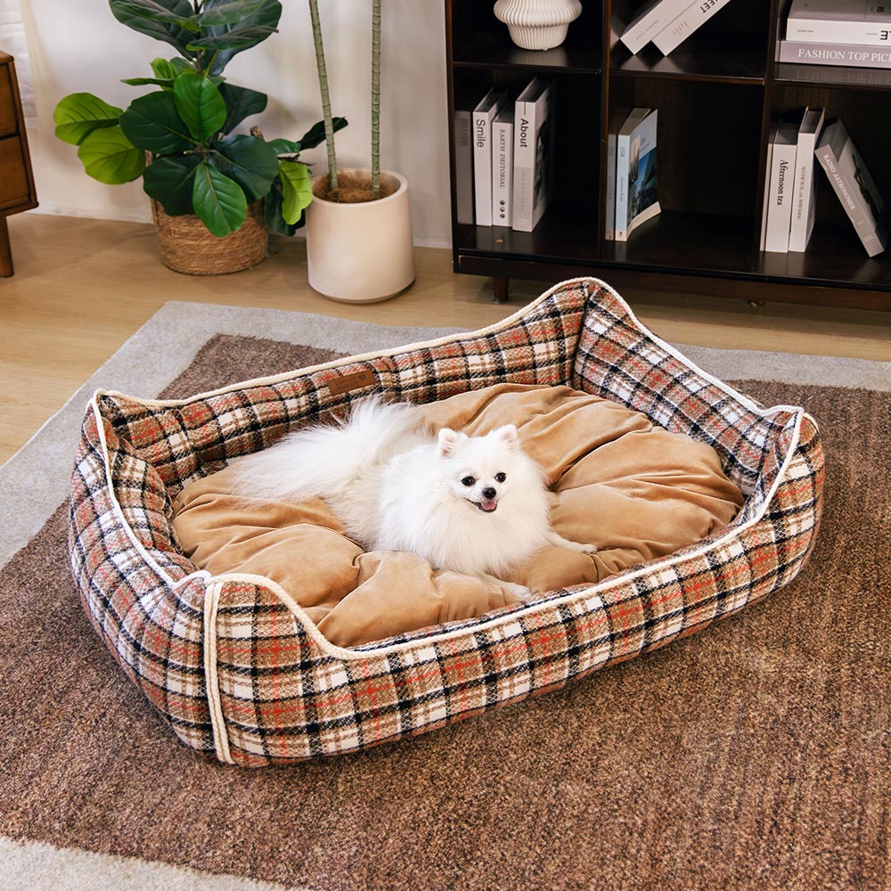 Cama para perros con cojines extraíbles, clásica y retro a cuadros, relajante - Nostalgic Retreat