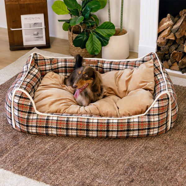 Bed de perro calmante de perros de refuerzo retro a cuadros clásico - Retiro nostálgico