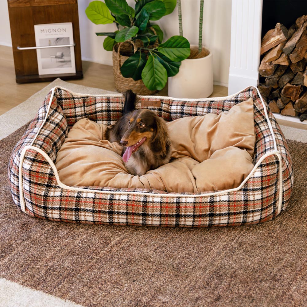 Cama para perros con cojines extraíbles, clásica y retro a cuadros, relajante - Nostalgic Retreat