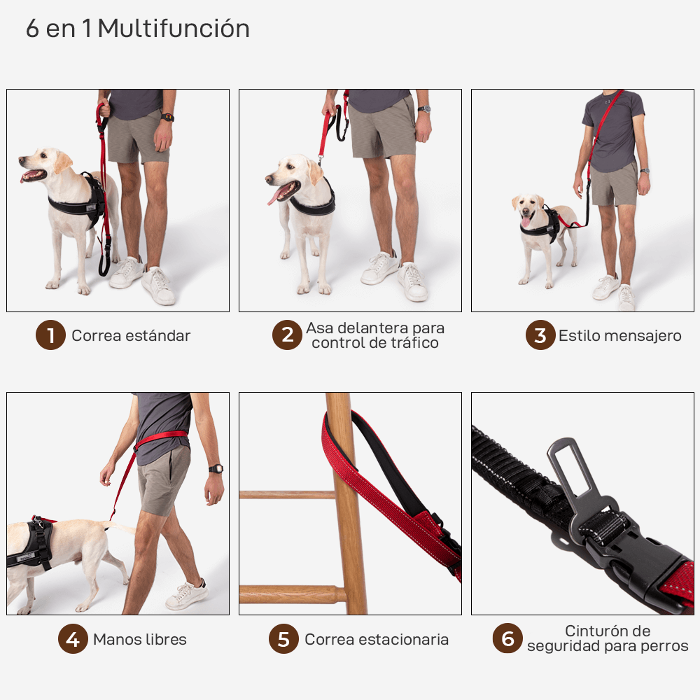 Correa para perros multifuncional manos libres con cinturón de seguridad